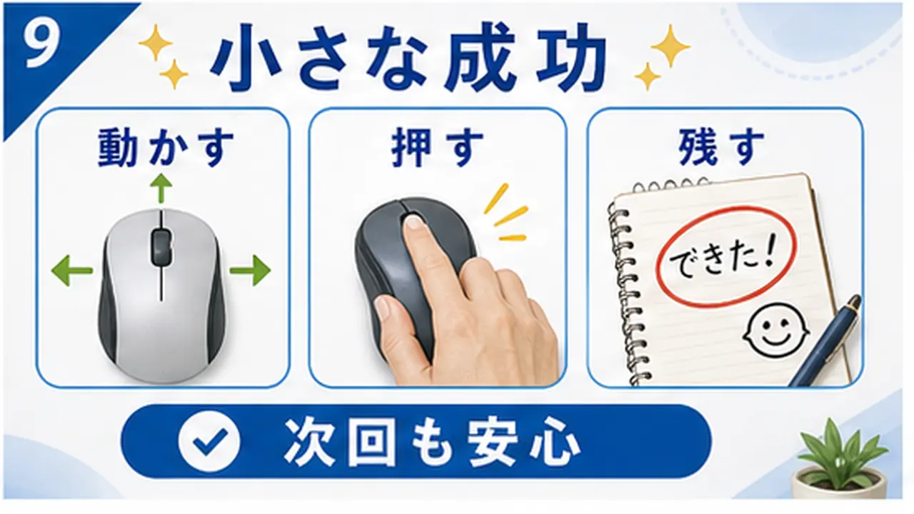 ゆっくり動かす、クリックする、メモする流れをまとめる図