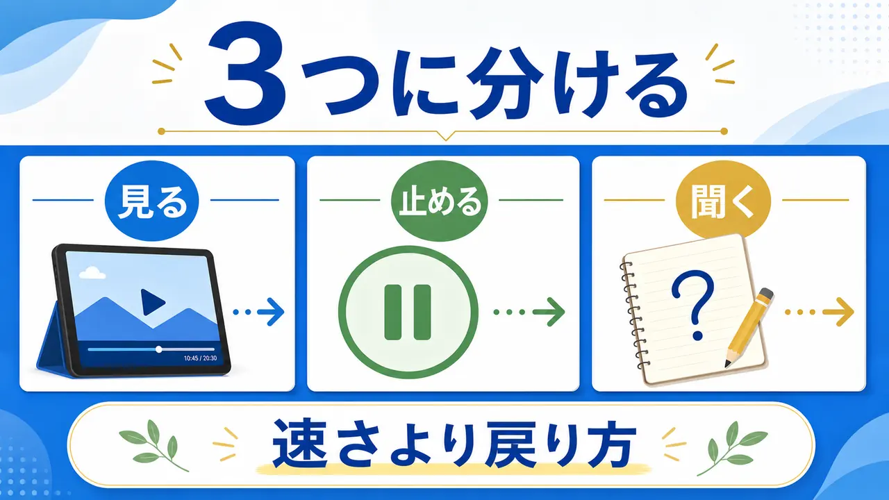 オンライン講座を見返すために見る、止める、聞くを分ける図