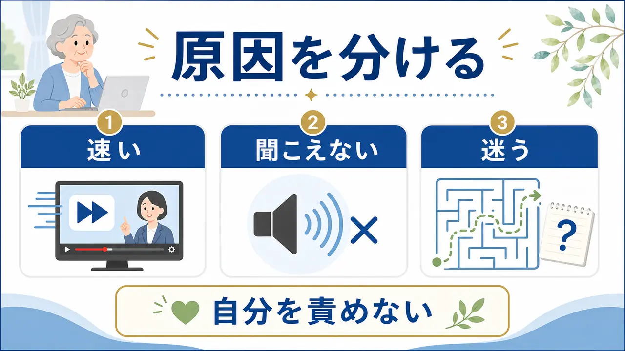 オンライン講座で速い、聞こえない、迷う原因を分ける図