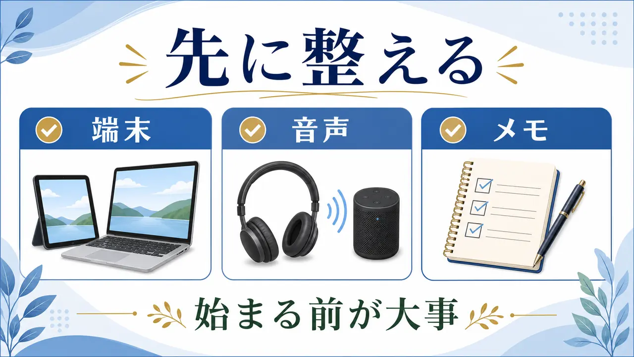 オンライン講座の前に端末、音声、メモを整える図