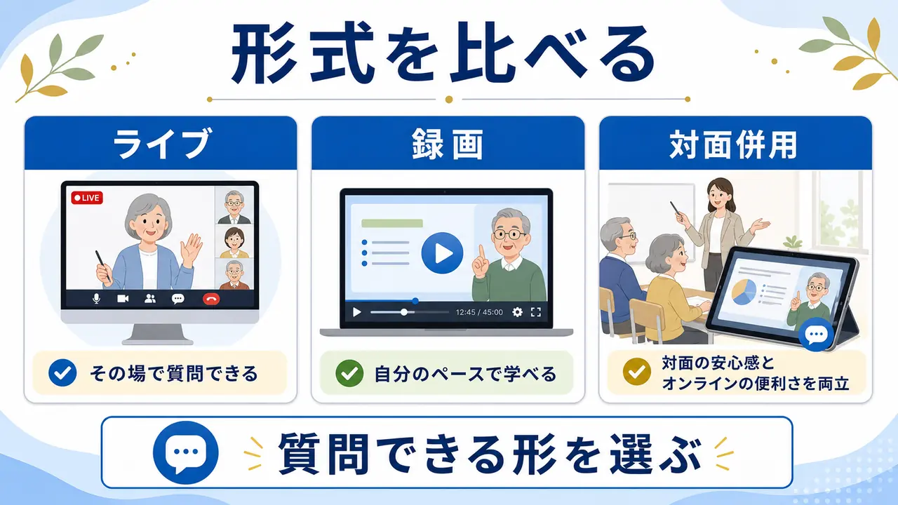 ライブ、録画、対面併用のオンライン講座形式を比べる図