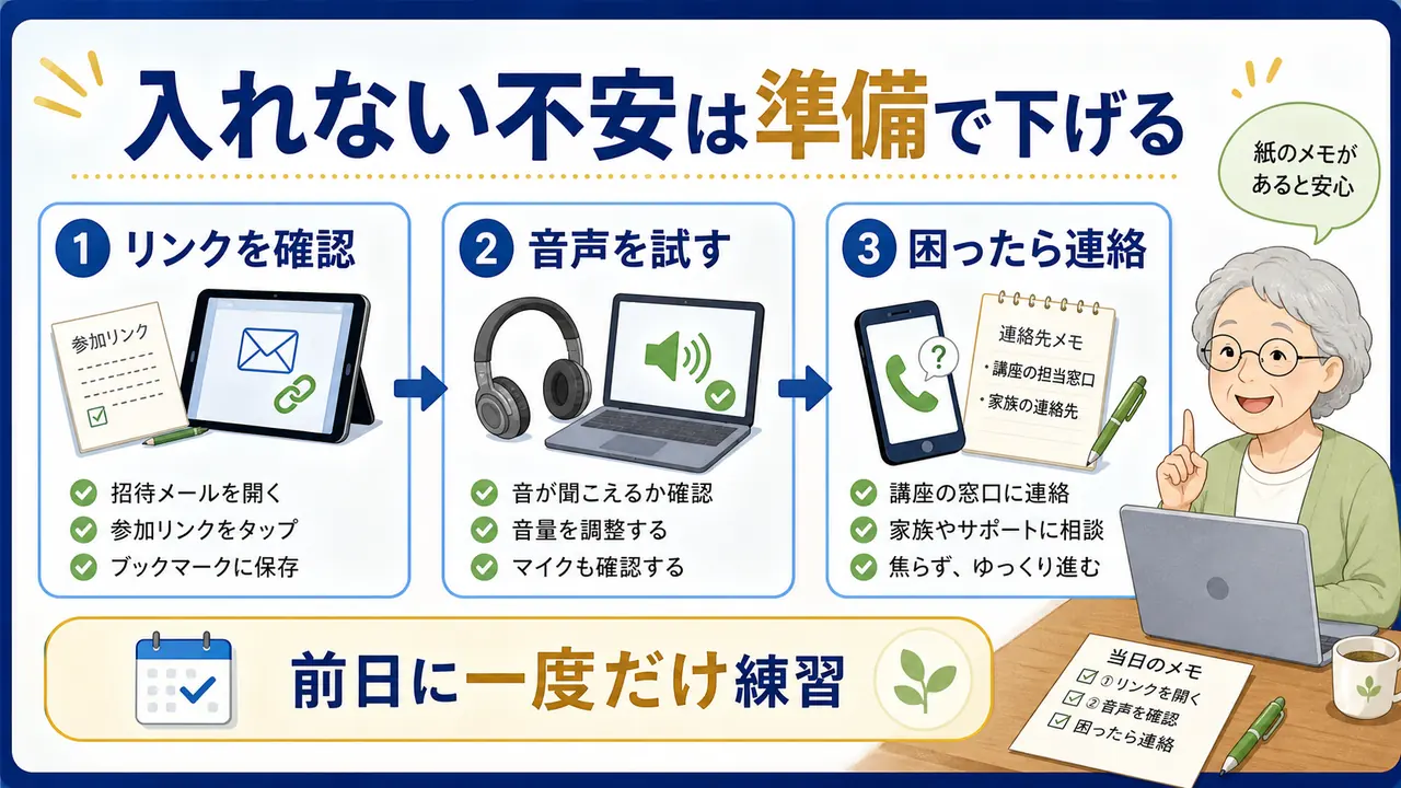 オンライン講座に入れない不安を参加リンク、音声、連絡先で確認する図