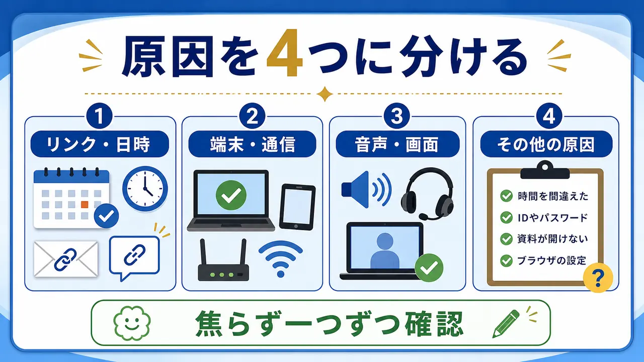 オンライン講座に入れない原因をリンク、日時、端末、通信、音声に分ける図