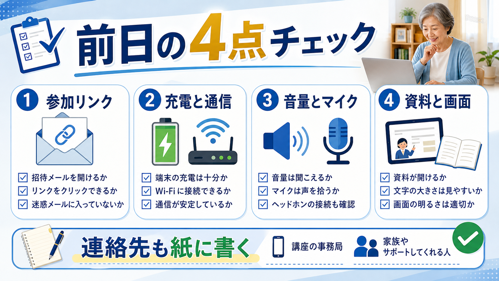 オンライン講座の前日に参加リンク、充電、通信、音量、連絡先を確認する図