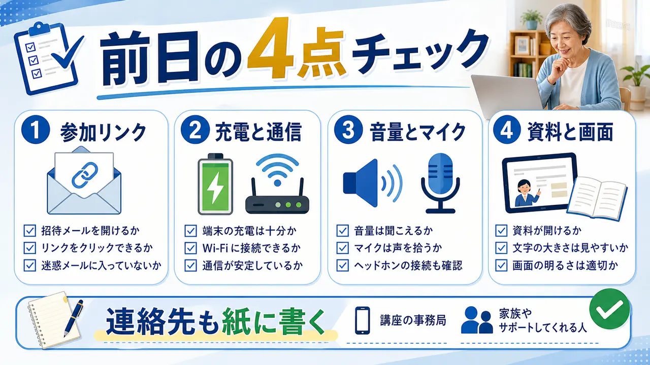 オンライン講座の前日に参加リンク、充電、通信、音量、連絡先を確認する図