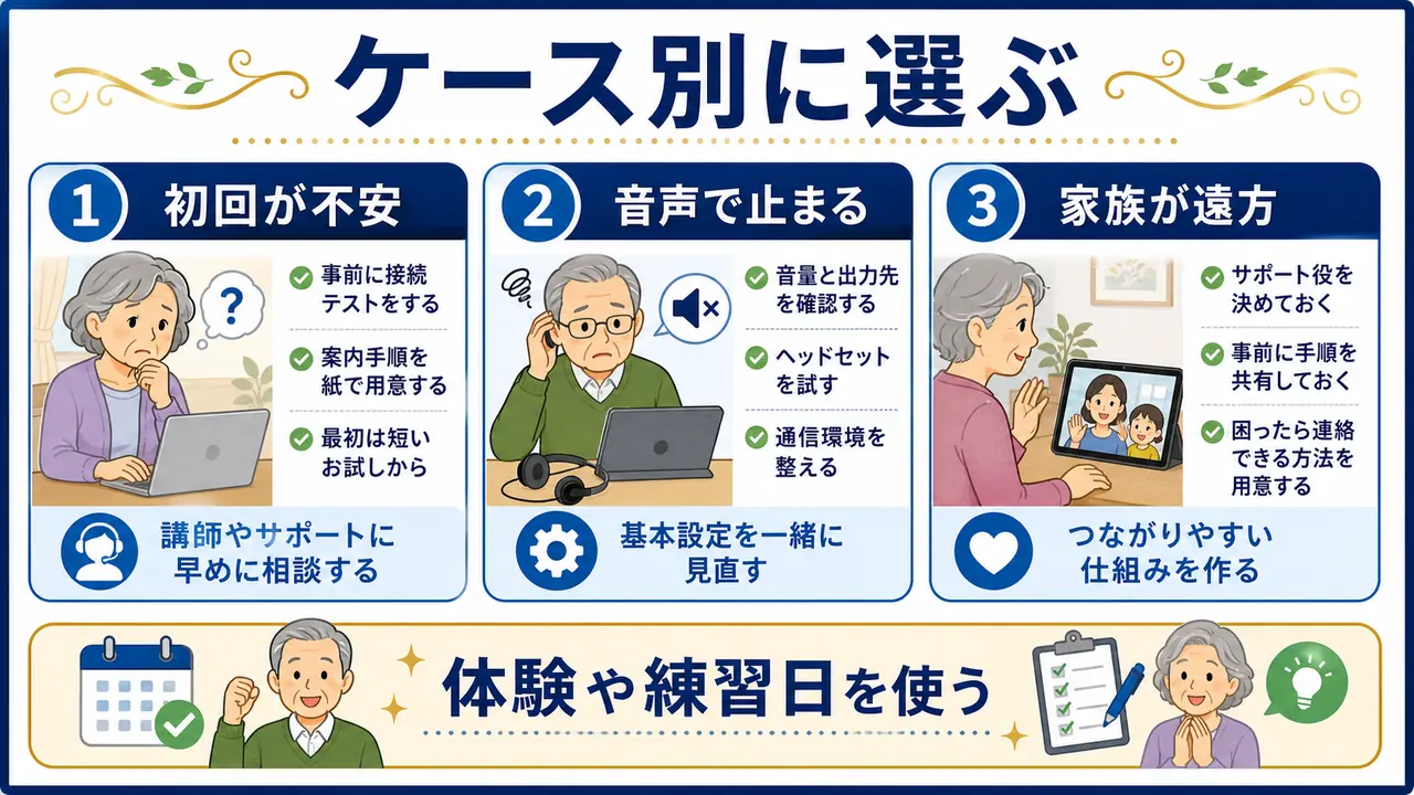 オンライン講座に不安があるシニアの初回不安、音声不安、家族が遠方のケースを分ける図