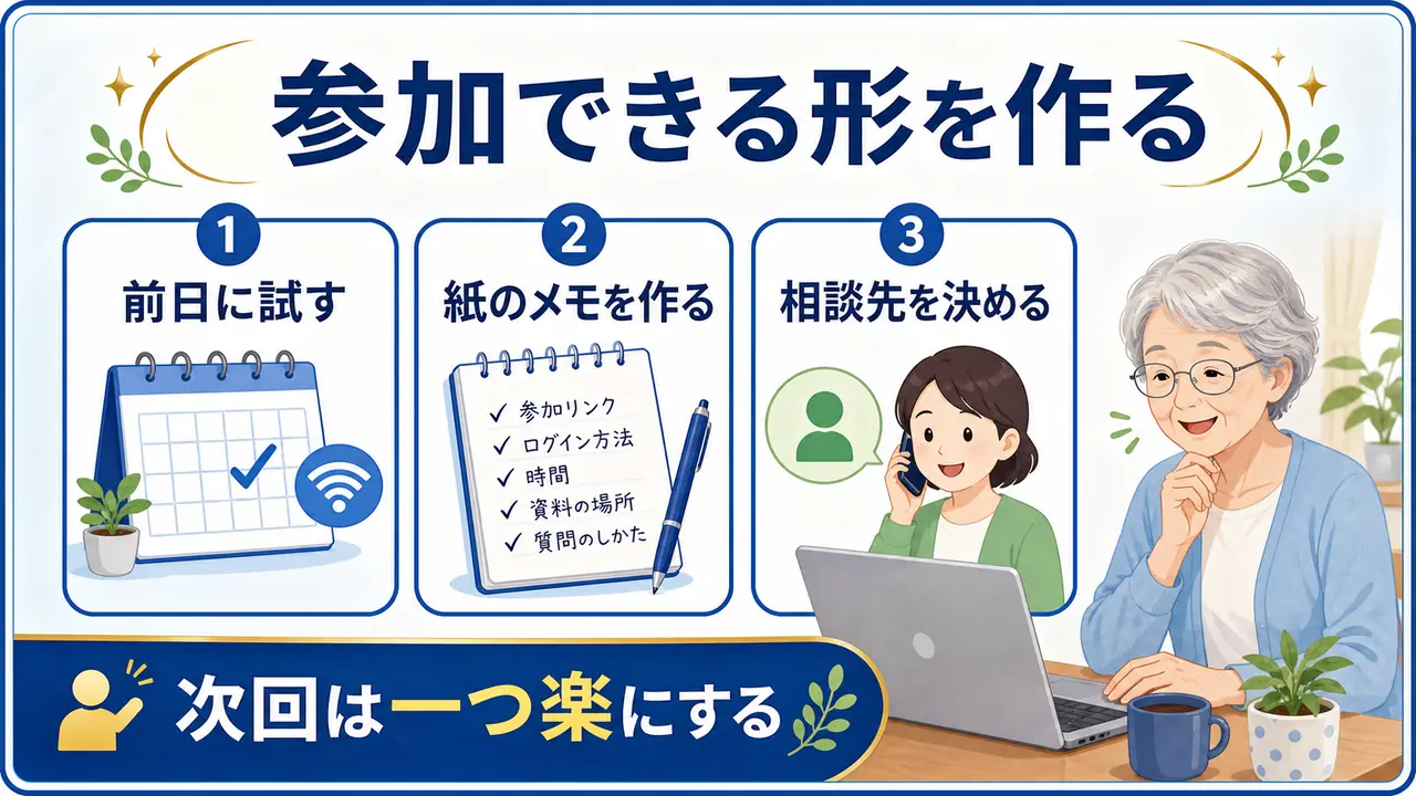 オンライン講座に参加できる形を前日確認、紙のメモ、相談先で作る図