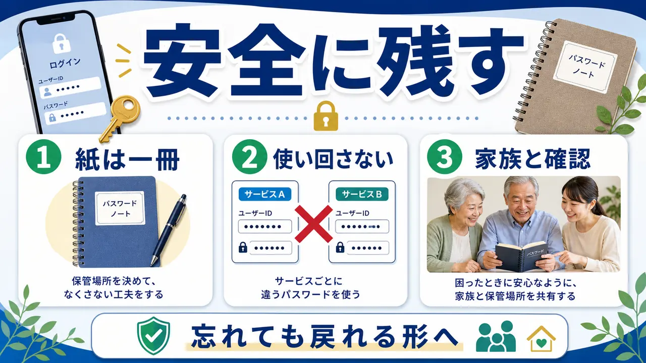 紙のノート、使い回し防止、家族確認でパスワードを安全に残す図