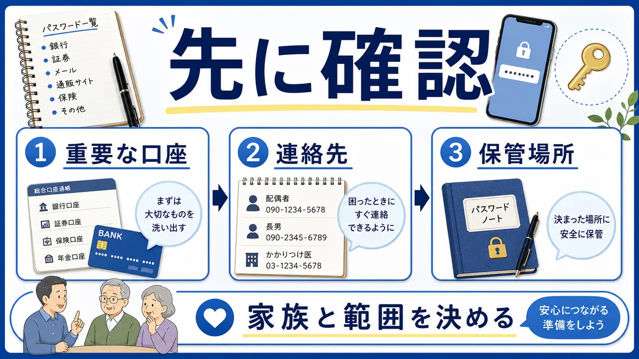 重要な口座、連絡先、保管場所を決めてパスワード管理を始める図