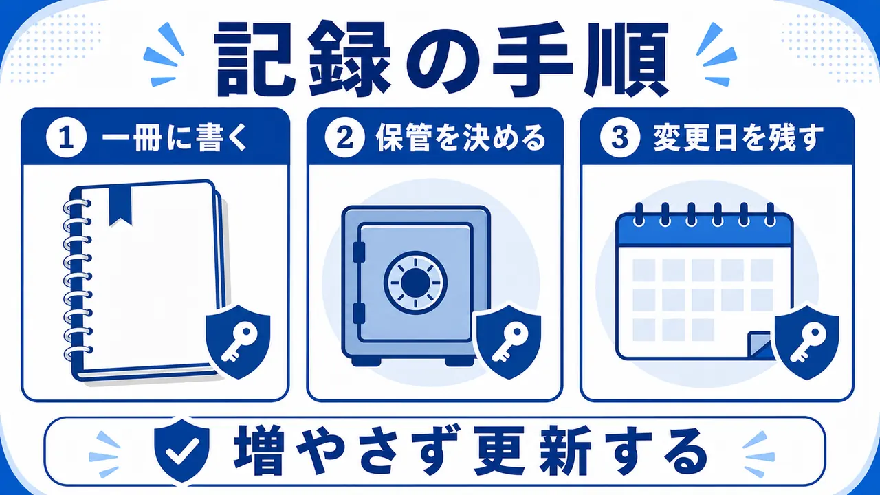 一冊に書き、保管場所を決め、変更日を残すパスワード記録の手順の図