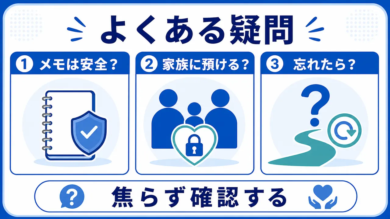 メモの安全性、家族への共有、忘れた時の対応を整理する図