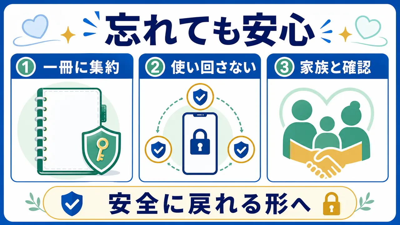 一冊に集約し、使い回しを避け、家族と確認してパスワードを管理する図