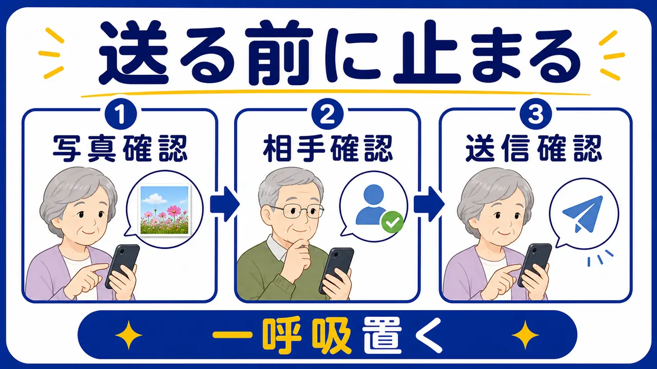 シニアが写真送信前に相手と内容を確認する図