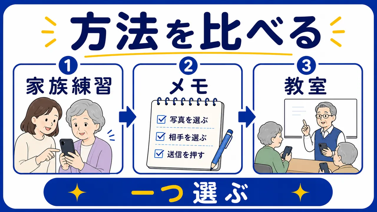 家族練習、メモ、教室、動画確認を比べる図