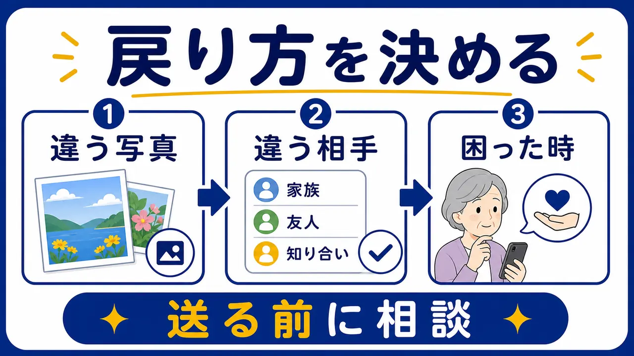 違う写真、違う相手、個人情報、失敗時の戻り方を整理する図