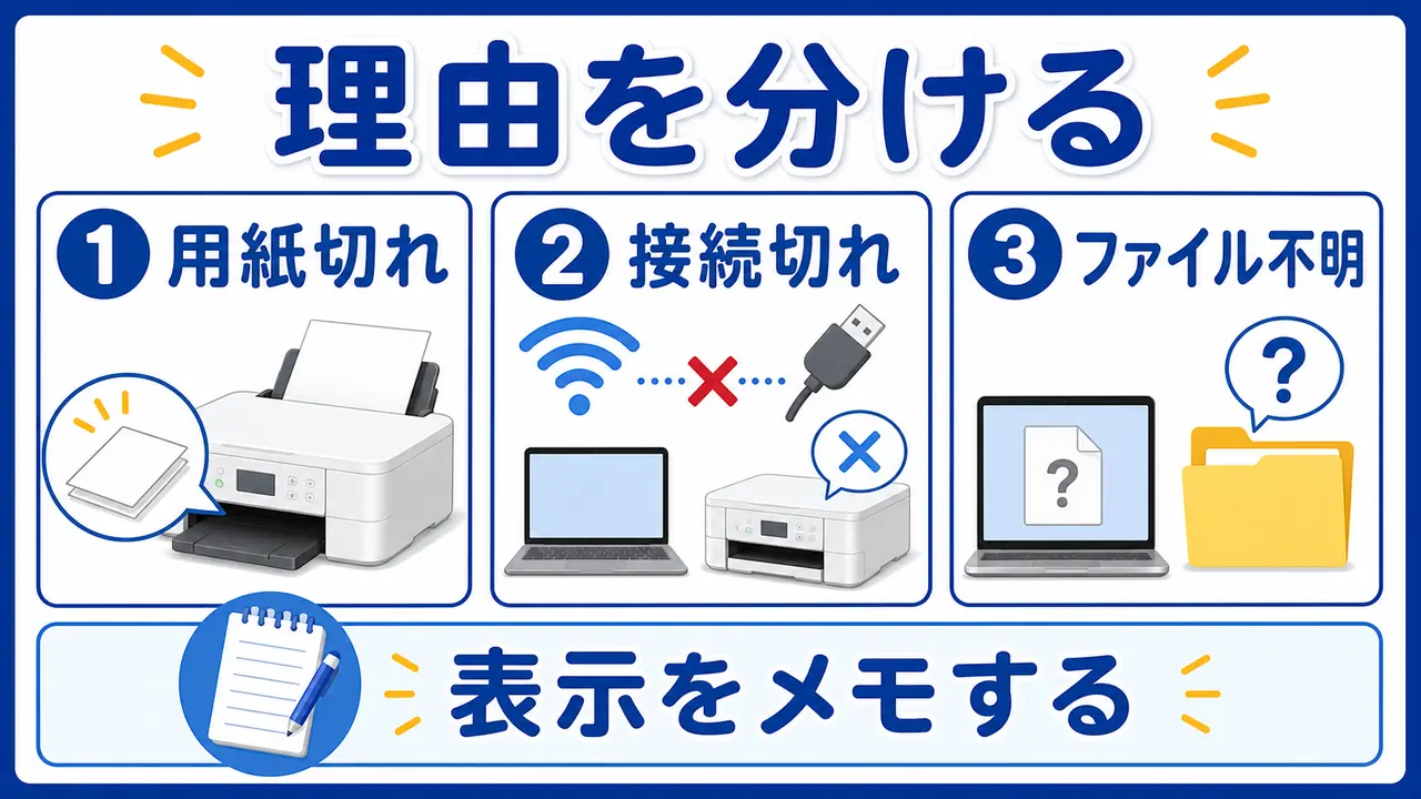 用紙切れ、接続、ファイル場所、印刷待ちを分ける図