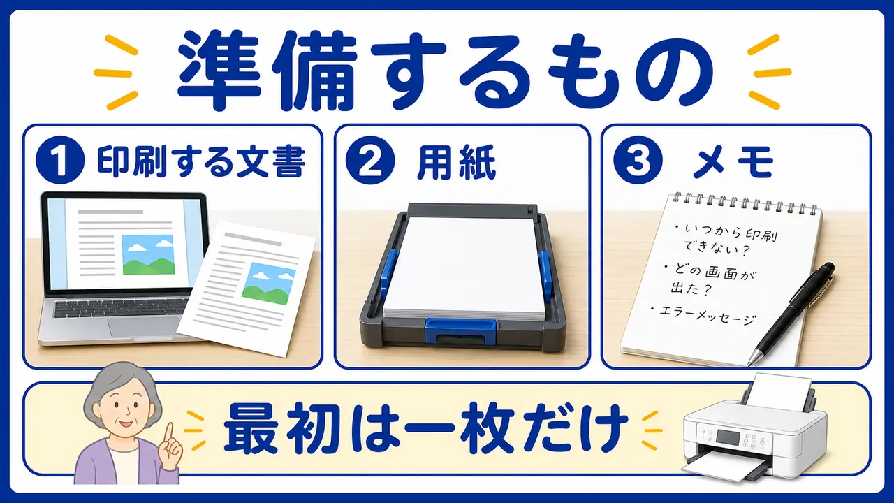 印刷前に文書、用紙、接続を準備する図