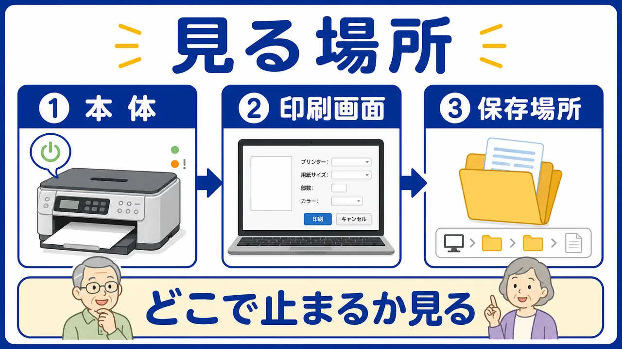 プリンター本体、パソコン画面、ファイル保存場所を比較する表の図