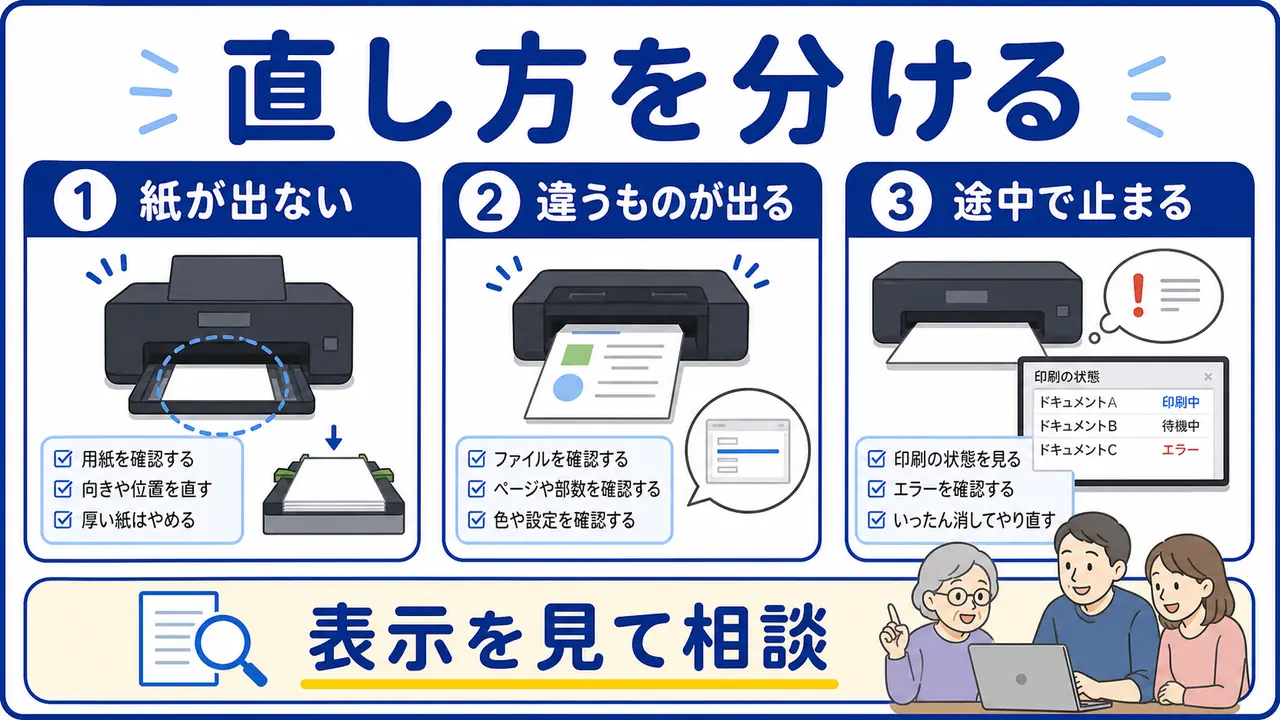 紙が出ない、違うものが出る、途中で止まる場合の図