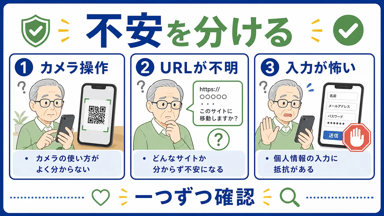 カメラ、通知、URL、入力画面の不安を分ける図