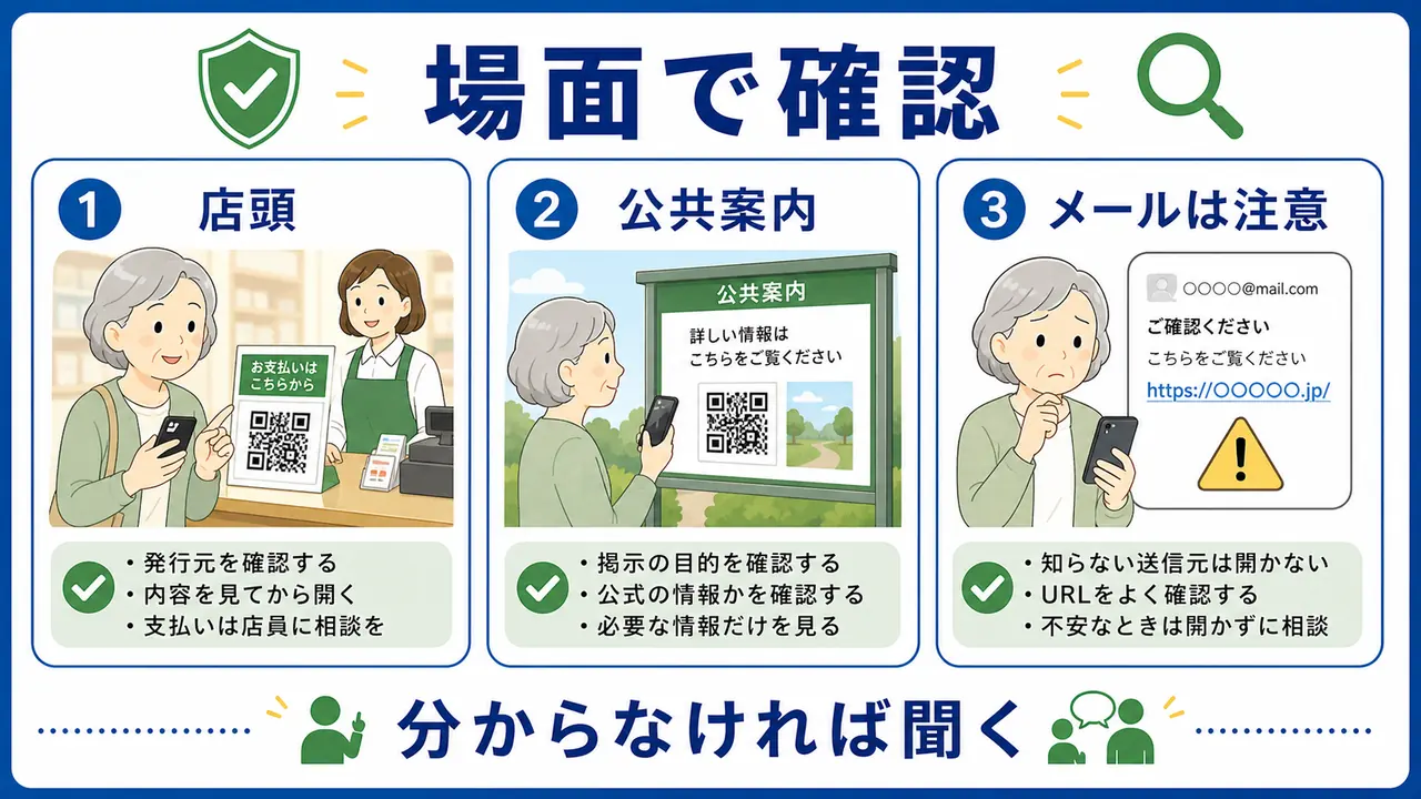 チラシ、店頭、公共案内、メール添付のケース図
