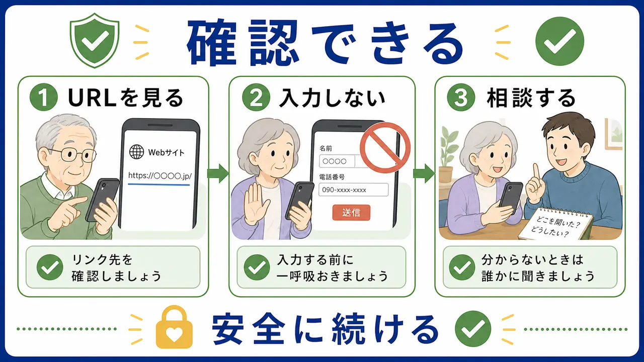 シニアがQRコードの安全確認を家族と共有するまとめ図