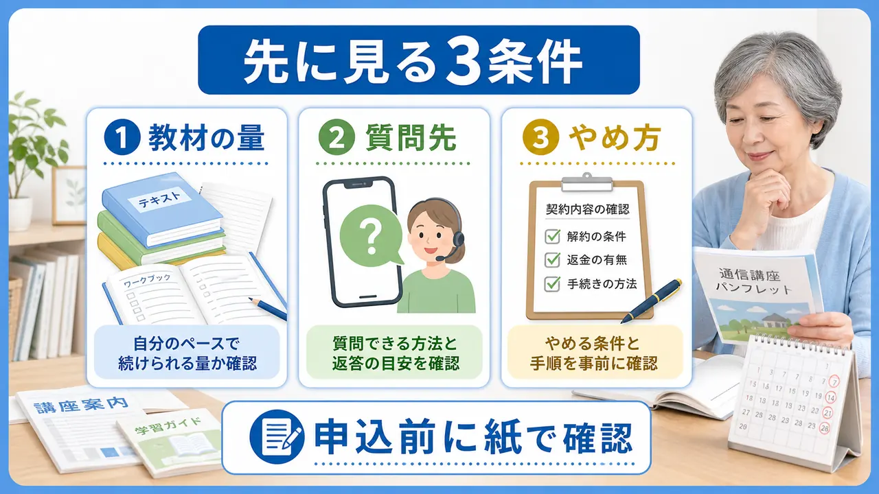 通信講座を教材の量、質問先、やめ方の3条件で確認する図