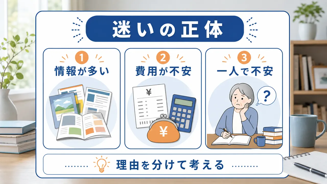 通信講座で迷う理由を情報量、費用、一人で学ぶ不安に分けた図