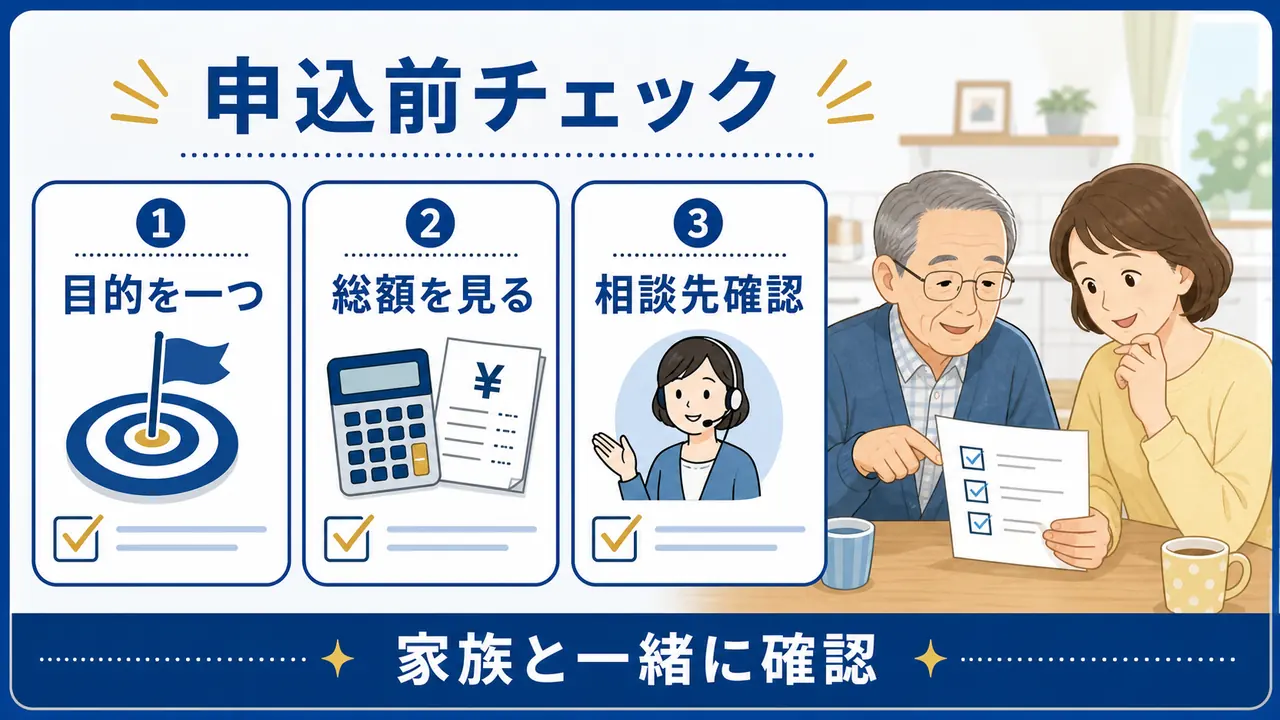 資料請求前に目的、総額、相談先を家族と確認する図