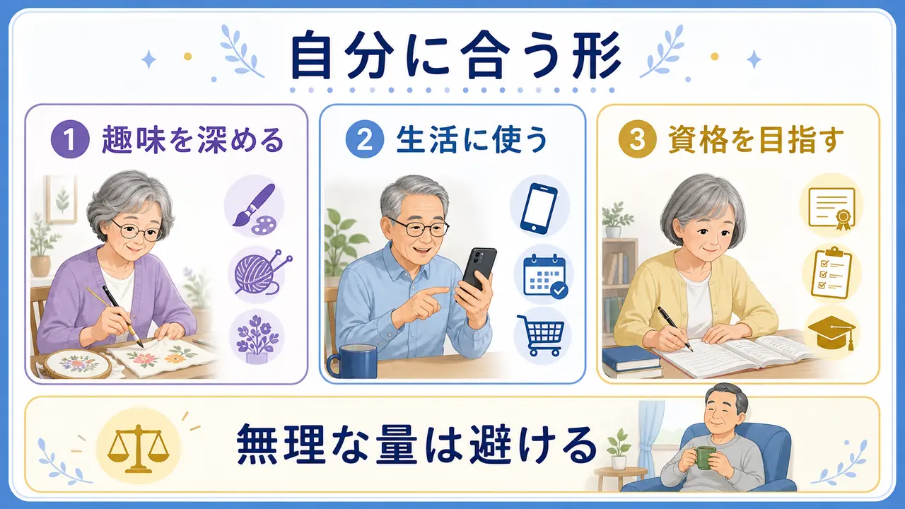 趣味、生活、資格の目的別に通信講座の合う形を分ける図