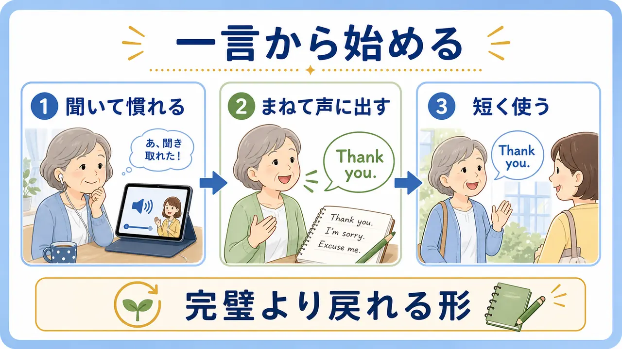 シニアの英会話を聞く、まねる、一言で話す順番で始める要点