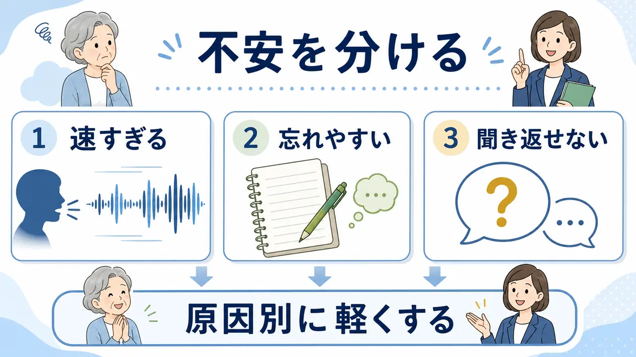 英会話の不安を速さ、忘れやすさ、聞き返しにくさに分ける図