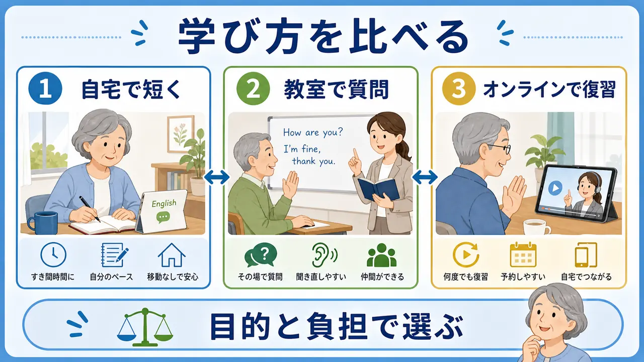 シニア英会話の学び方を自宅、教室、オンラインで比べる図