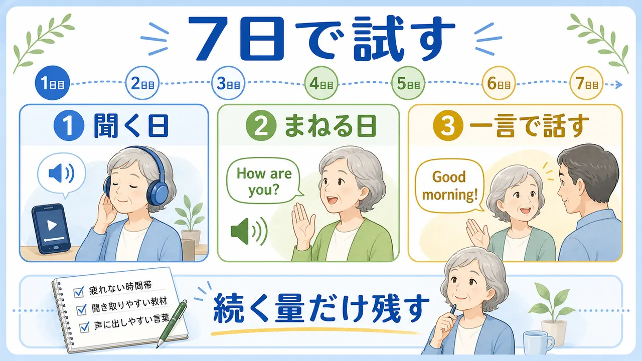 シニア英会話を7日間で聞く日、まねる日、一言で話す日に分けて試す図