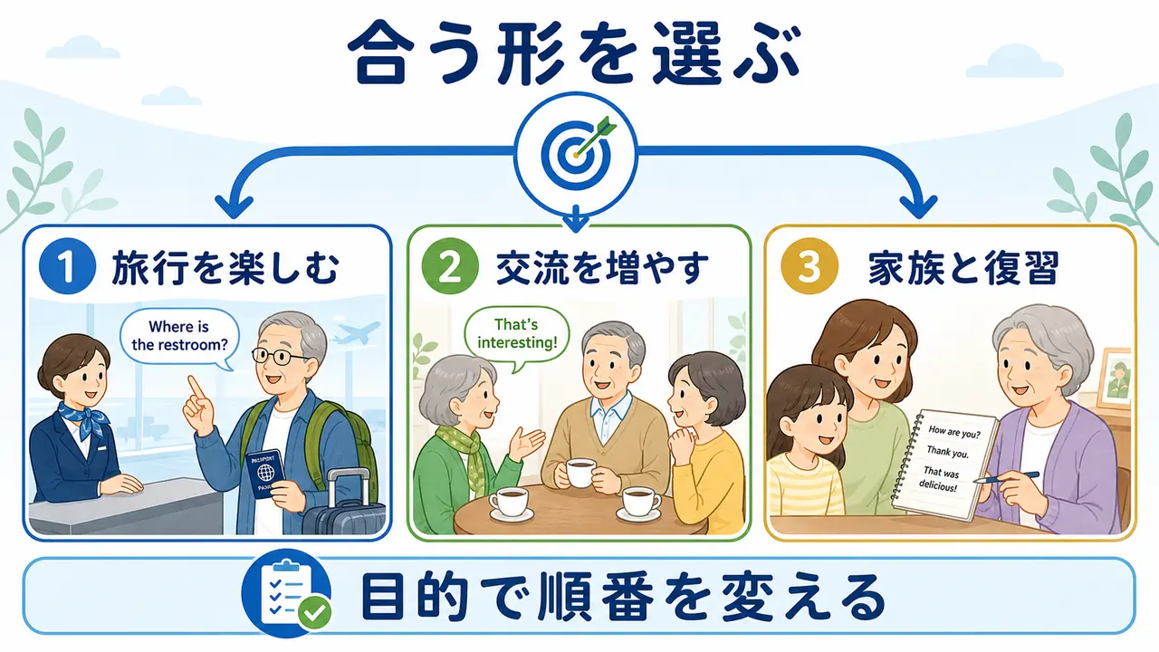 旅行、交流、家族との復習など目的別にシニア英会話の始め方を選ぶ図