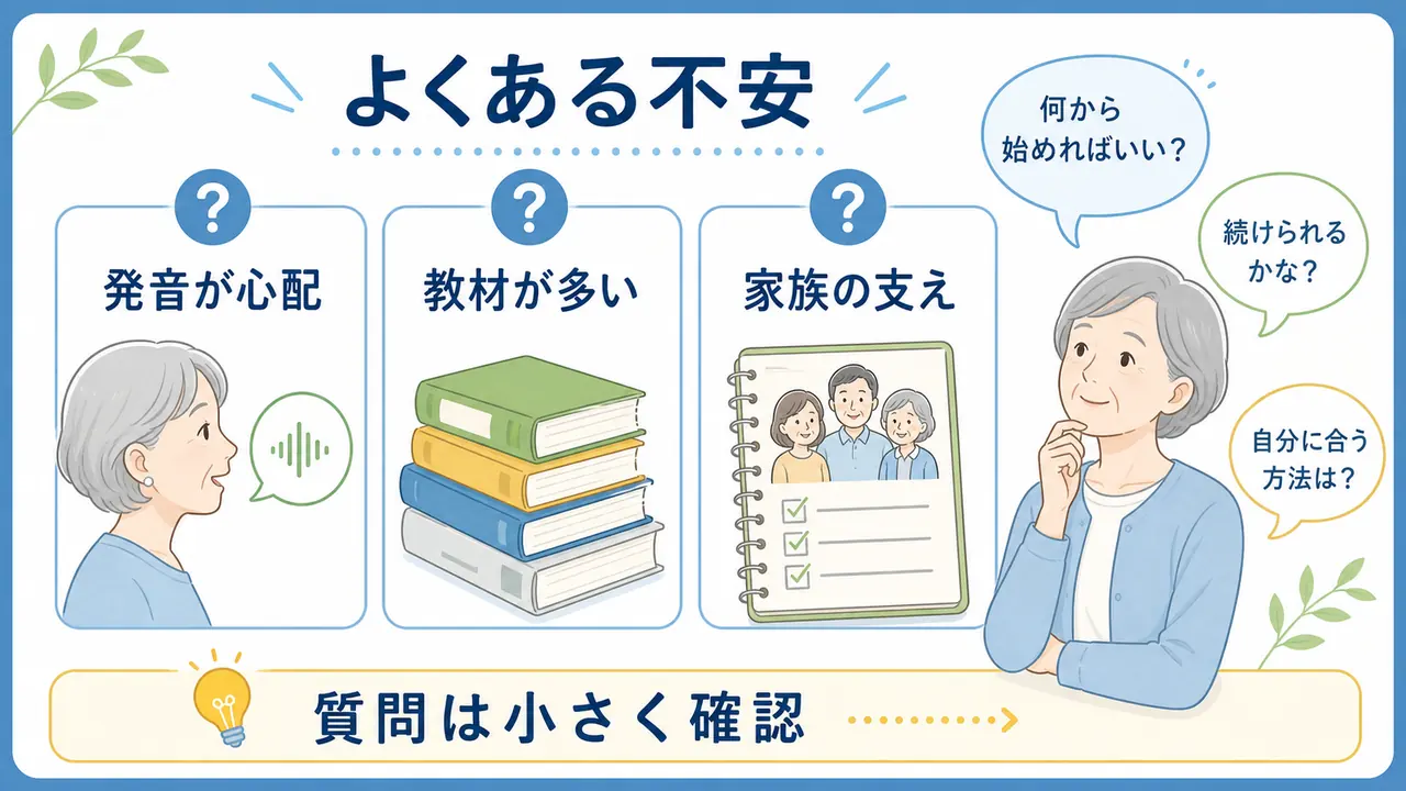 シニア英会話の発音、教材、家族の支えに関するよくある不安