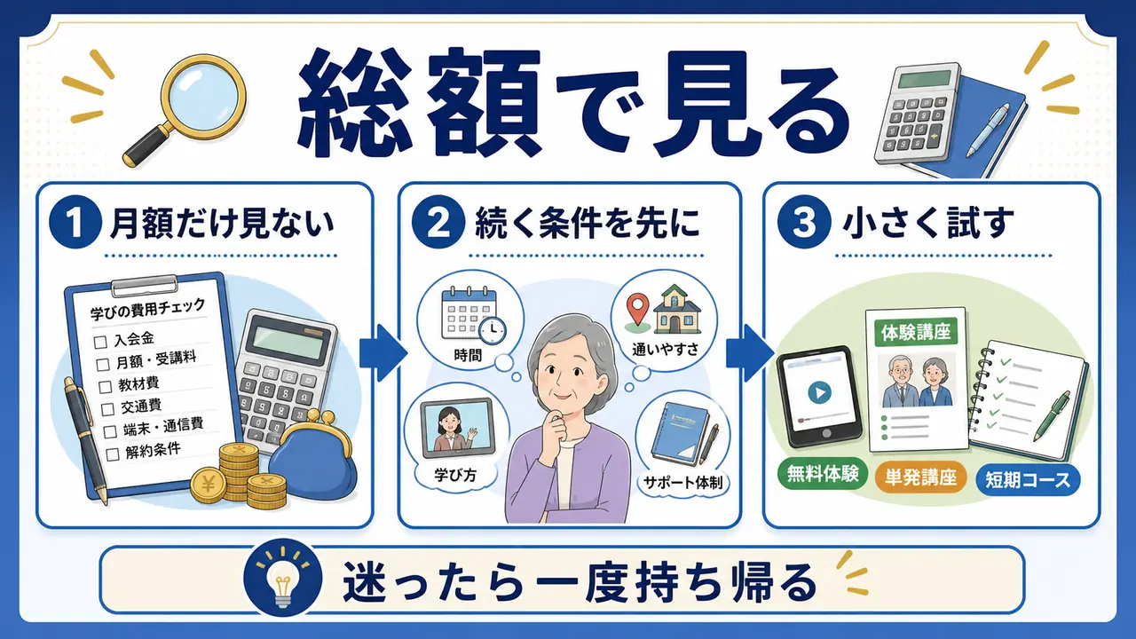 学び費用を月額だけでなく総額と続けやすさで確認する図