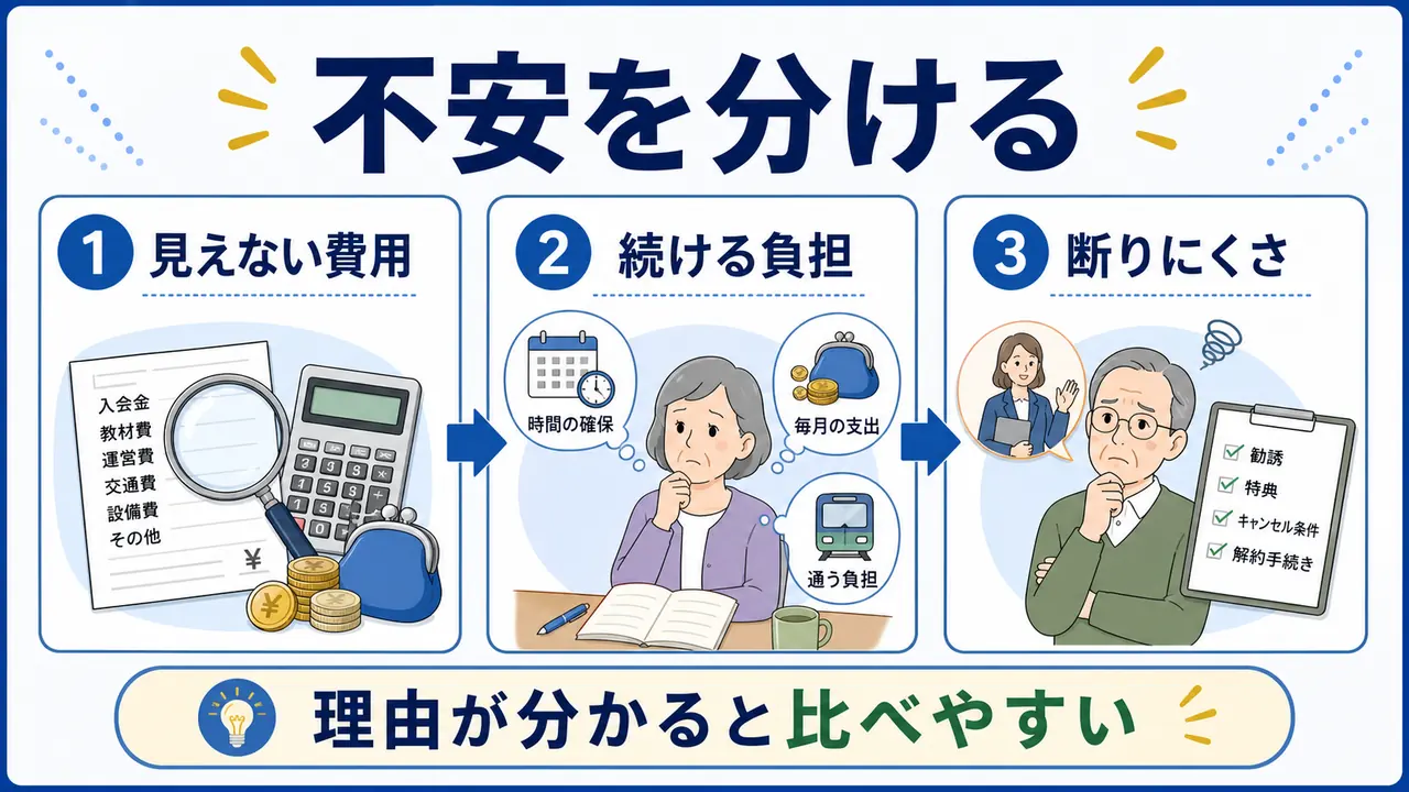 学び費用の不安を見えない費用、続ける負担、断りにくさに分ける図