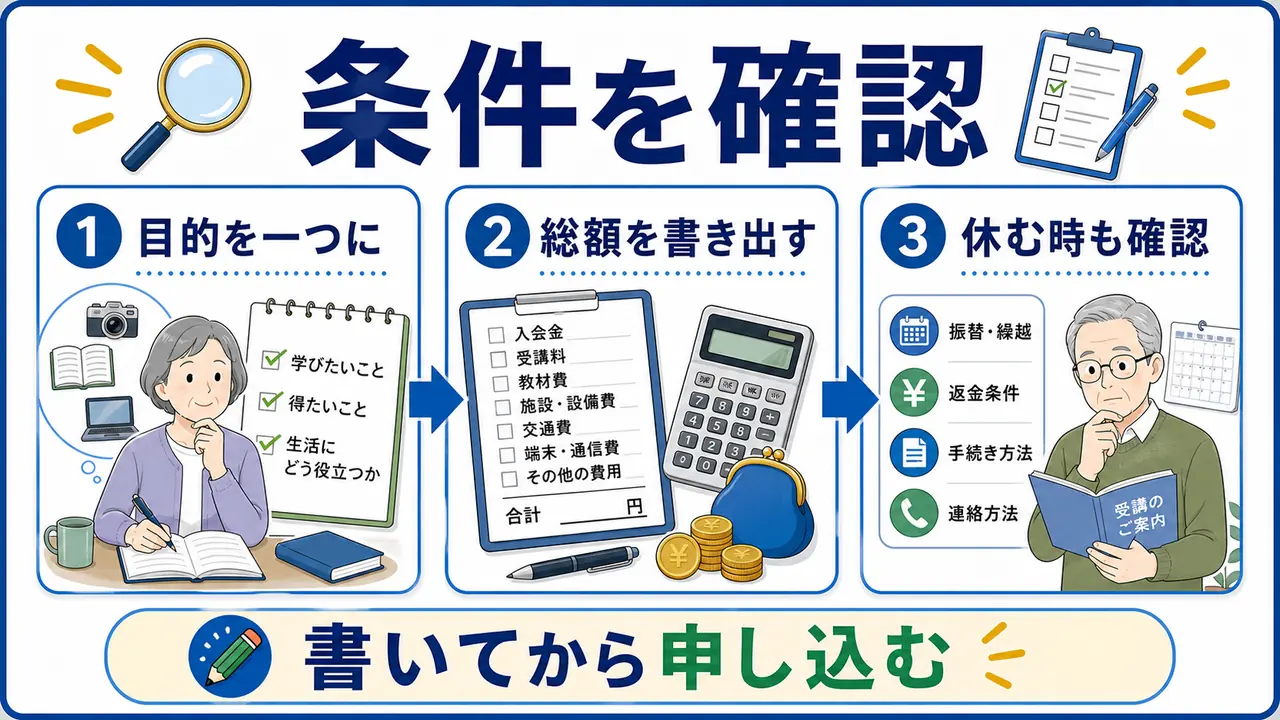 申し込み前に目的、総額、休むときの扱いを確認する図