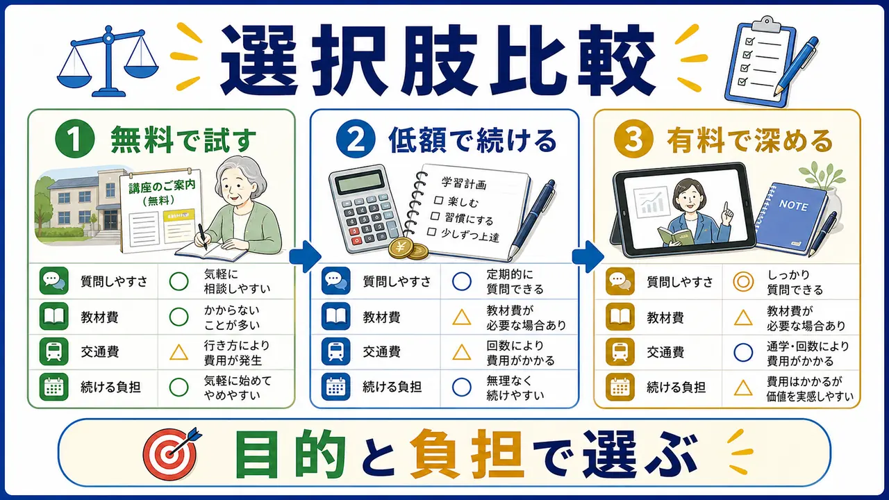 無料、低額、有料の学び方を目的と負担で比べる図