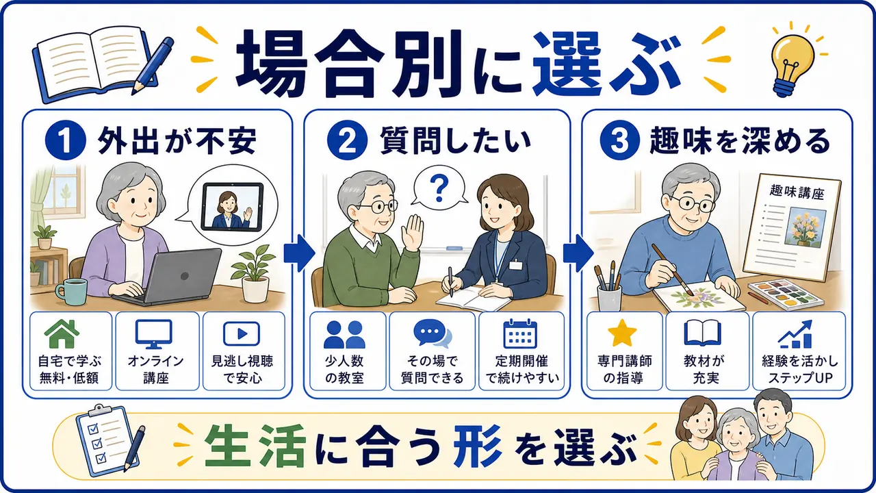 外出が不安、質問したい、趣味を深めたい場合別に学び方を選ぶ図