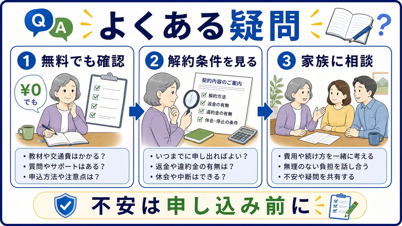 学び費用で迷うときに無料講座、解約条件、家族相談を確認する図