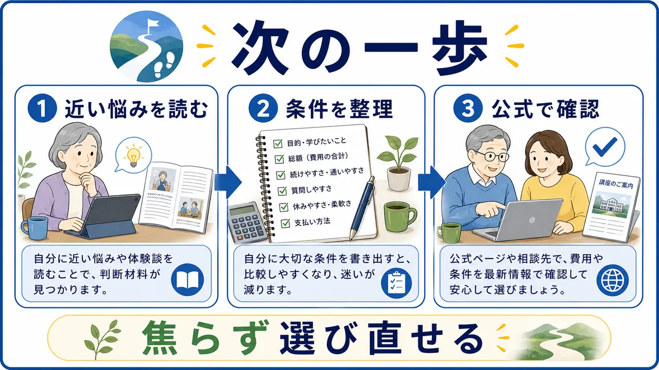近い悩みを読み条件を整理し公式情報で確認する次の一歩の図
