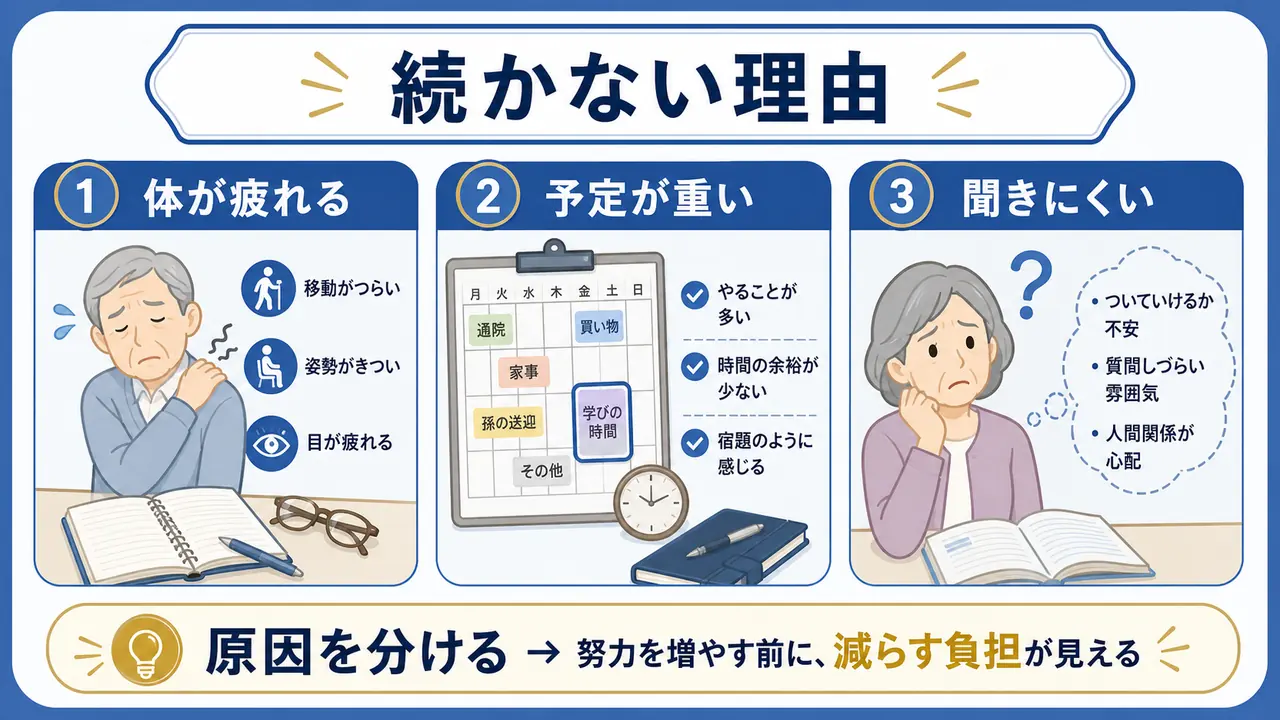 シニアの学びが続かない理由を体力予定質問しにくさに分ける図