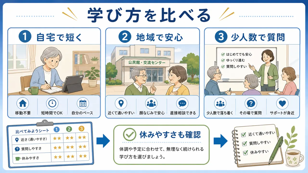 シニアの学び方を自宅地域講座少人数教室で比べる図