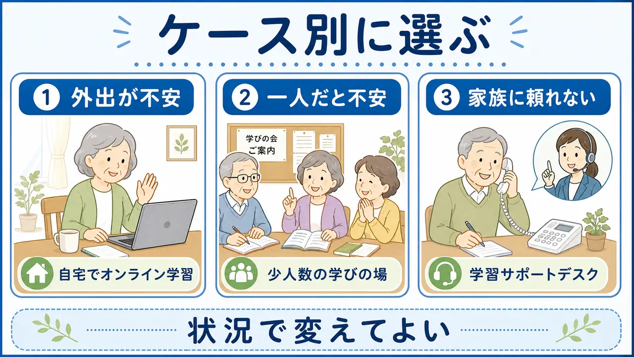 外出が不安な人や一人だと続かない人の学び方を選ぶ図