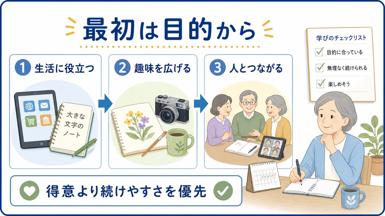 シニアの学び直しを生活、趣味、人とのつながりから選ぶ流れを示す図