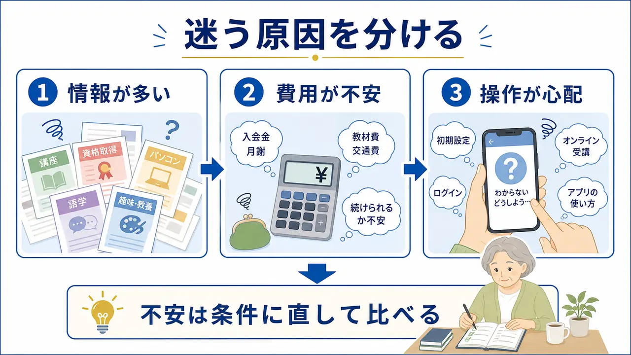 シニアが学び直しで迷う理由を情報量、費用、操作不安に分けた図
