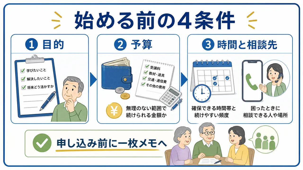 シニアの学び直し前に目的、予算、時間、相談先を確認する図