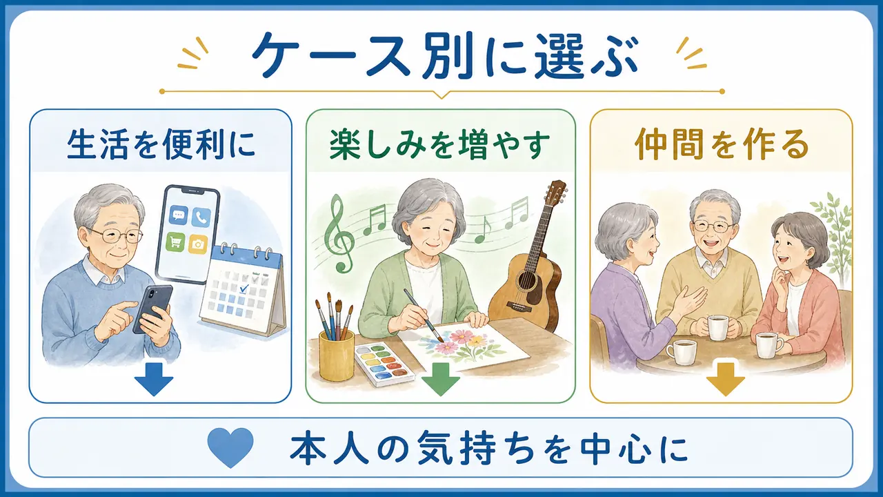 シニアの学び直しを生活を便利にする、楽しみを増やす、仲間を作る目的別に分けた図